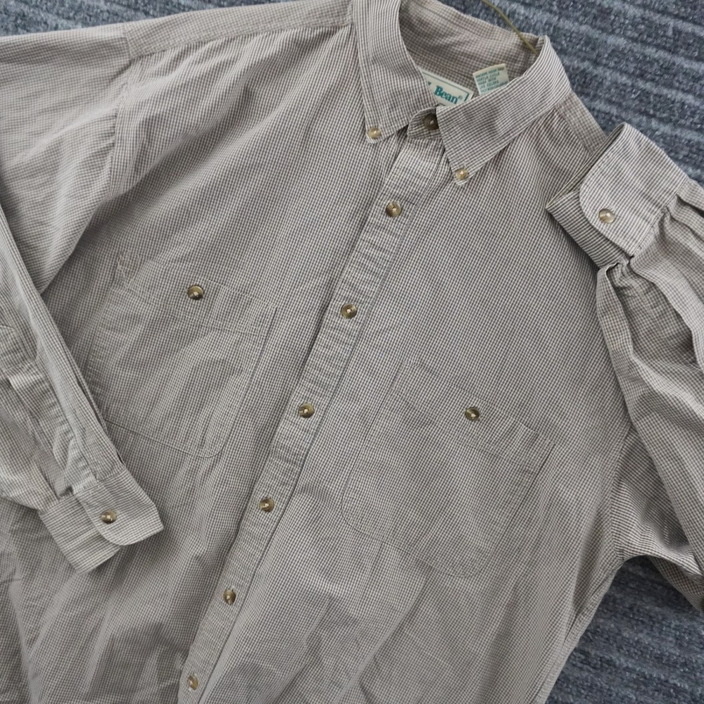 Vintage L.L. Bean Button Down Shirt Mens Medium Tan Blue Micro Check Long Sleeve